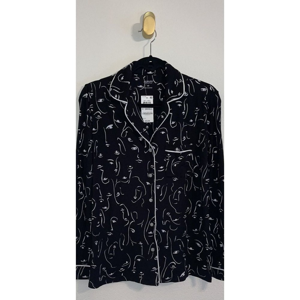 Alfani Womens Lounge Sleep Button Front Shirt Top Face Print XS XSmall Black New - Picture 2 of 6